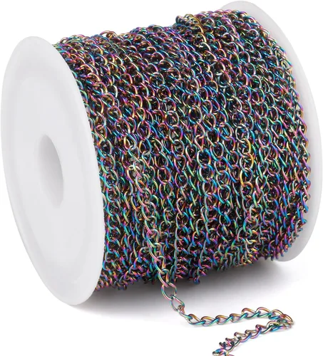 Miniatura 36 de [66 pies/20M] Cadena de bordillo de acero inoxidable chapada en oro de 18 quilates, 2mm, acero inoxidable 304, eslabones trenzados planos, cadenas