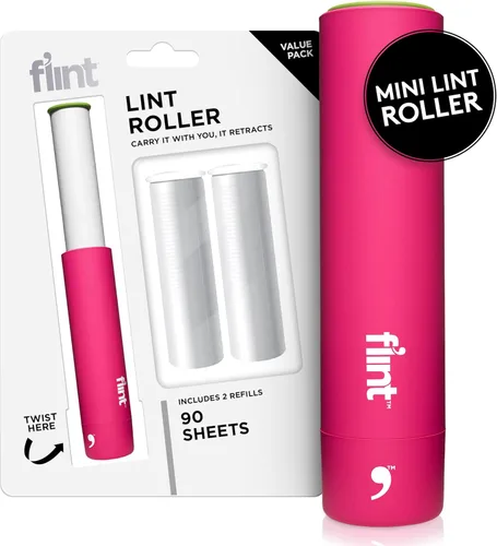 Flint Mini rodillo retráctil rosa clásico con 90 hojas extra adhesivas, rodillo de pelusa pequeño y portátil, removedor de pelo de mascotas ideal,