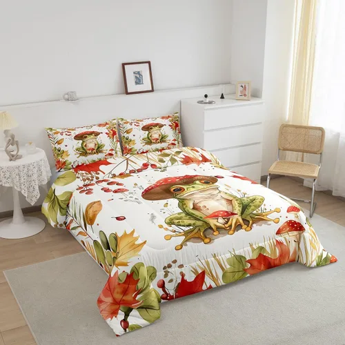 Miniatura 3 de Castle Fairy Juego de edredón de hongos, tamaño individual, lindo juego de ropa de cama de hojas de palma de rana y 2 piezas para decoración