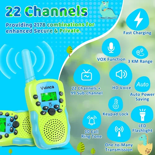 Miniatura 6 de Vvinca Walkie Talkies para niños, juguetes recargables para edades de 5 a 7 años, largo alcance, 22 canales, 2 vías, walkie talkie con linterna