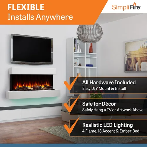 Miniatura 3 de SimpliFire Format Chimenea eléctrica de montaje en pared de 36 pulgadas con repisa flotante de 43 pulgadas (SF-FORMAT36-SF-FM43-WH)