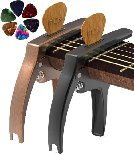 Miniatura 10 de Cejilla de Guitarra, TANMUS - Cejilla de metal de zinc 3 en 1 para guitarras acústica y eléctrica (con soporte para púas y 4 púas), para ukelele