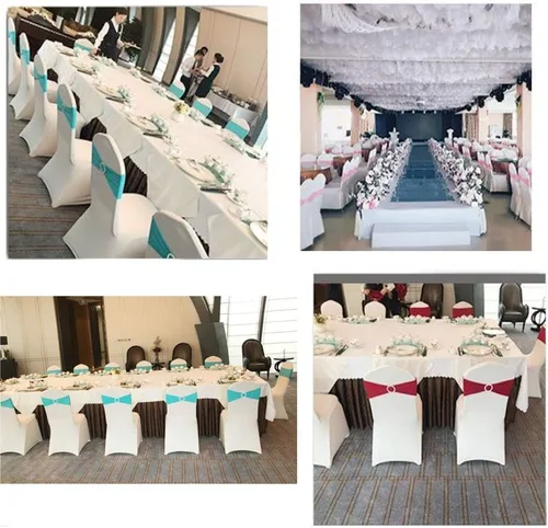Miniatura 6 de Paquete de 50 bandas elásticas para sillas de bebé azul para boda, bandas elásticas de licra con hebilla deslizante, arcos de sillas de spandex