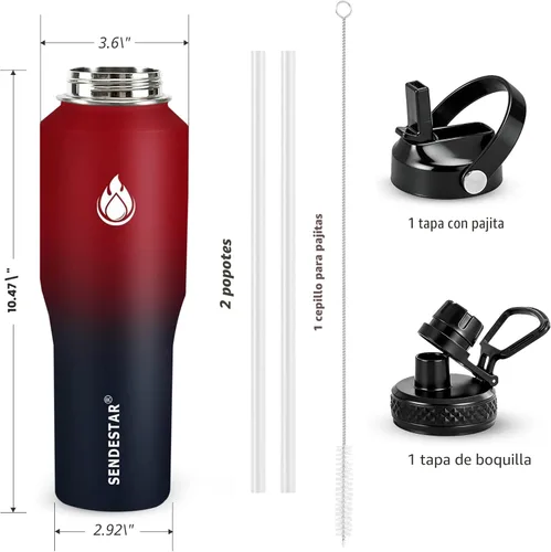 Miniatura 4 de SENDESTAR Botella de Agua de 32 oz de Boca Ancha de Acero Inoxidable con Aislamiento al Vacío de Doble Pared con 2 Tapas que Cabe en Cualquier