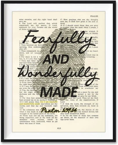 Página bíblica vintage, versículo bíblico escritura, hecho temerosamente y maravillosamente, impresión artística del Salmo 139:14, sin marco, póster