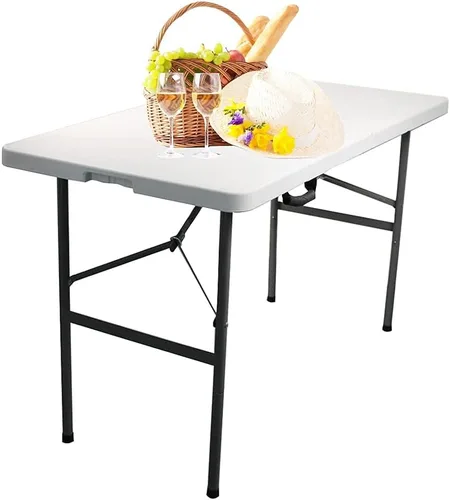 Miniatura 4 de Mesa de picnic de 4 pies, mesa plegable portátil plegable por la mitad, mesa de picnic de plástico para fiestas, comedor y campamento con asa