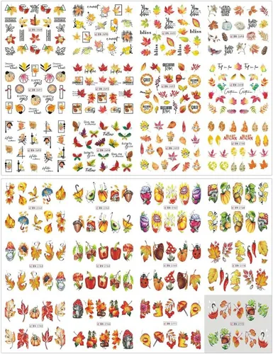 Miniatura 2 de 500 patrones de calcomanías de uñas de otoño para mujer, calcomanías de agua de dibujos animados, calabaza, hongo, hoja de arce, calcomanías