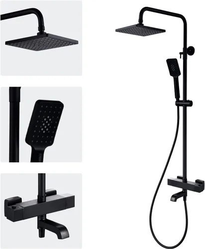 Miniatura 8 de Sistema de ducha termostático negro mate, montaje en pared, válvula de ducha termostática de latón de triple función, con cabezal de ducha de 8