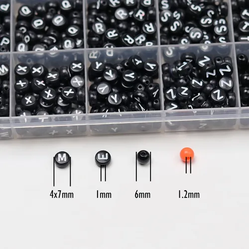 Miniatura 3 de Melius Cuentas de letras acrílicas negras con cuentas redondas negras y naranjas, 1450 cuentas redondas del alfabeto en caja de 28 cuadrículas