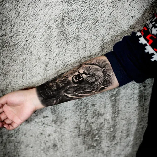 Miniatura 5 de 8 hojas de tatuajes temporales de león, lobo, tigre, para hombres y adultos, brújula de vida silvestre realista, calcomanías falsas de tatuaje