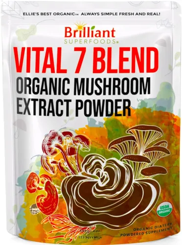 Ellie's Best Suplemento orgánico de mezcla de extracto de polvo de 7 hongos, 114 porciones Cordyceps de doble extracción de alta potencia, Reishi,