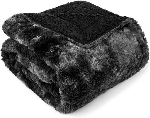 Miniatura 5 de PAVILIA - Manta de piel sintética reversible con diseño tie-dye color negro, suave, mullida y cálida, mantas y cobijas de sherpa para cama, manta