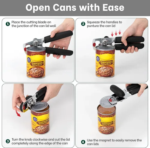 Miniatura 7 de Beneno Abrelatas manual resistente con tapa magnética levantador y abridor de botellas, abrelatas manual con agarre ergonómico suave, perilla