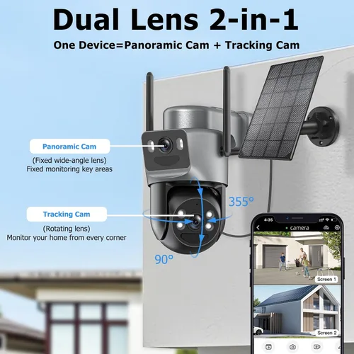 Miniatura 4 de Cámaras de seguridad solar de doble lente inalámbricas para exteriores, WiFi 6 5G/2.4G, vista de 360° panorámica/inclinación, cámara de seguridad