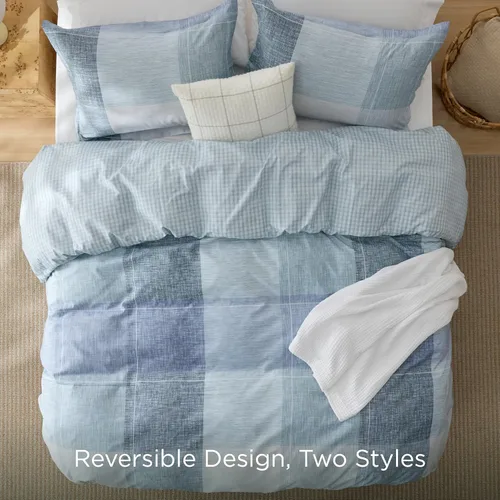 Miniatura 4 de Bedsure - Funda de edredón tamaño Queen, reversible, cuadros escoceses, cierre de cremallera, ropa de cama azul de 3 piezas con 8 lazos en las 05