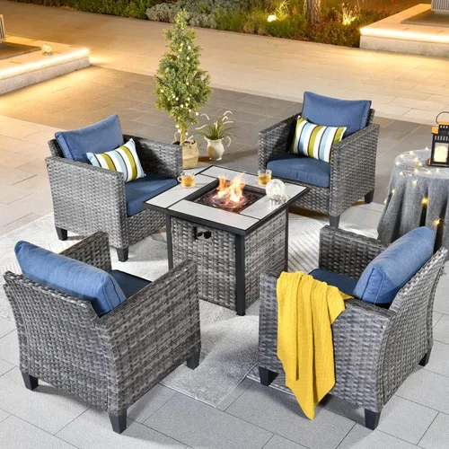 Miniatura 11 de ovios Juego de muebles de patio de 6 piezas, sillas giratorias de mimbre para exteriores con mesa para fogatas de 30 pulgadas, juego de mecedoras