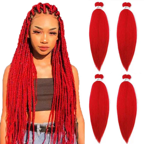 SOKU - Cabello trenzado rojo preestirado de 24" de largo, 4 paquetes de fibra sintética trenzada con ganchillo, textura suave Yaki recta 4 paquetes