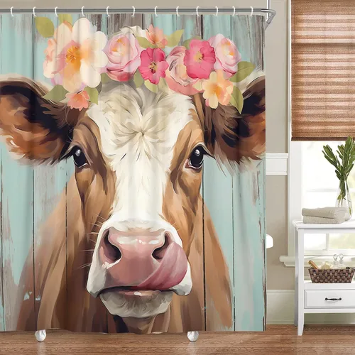 Miniatura 2 de JAWO Cortina de ducha de vaca de granja para baño, bonito juego de cortinas de ducha de tela de granja rústica sobre madera, divertidos accesorios