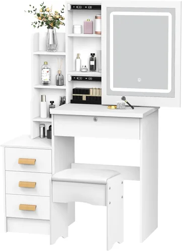 Miniatura 7 de Escritorio de tocador con espejo iluminado LED, mesa de tocador de maquillaje con 4 cajones para dormitorio, baño, tocador con luces, tocador