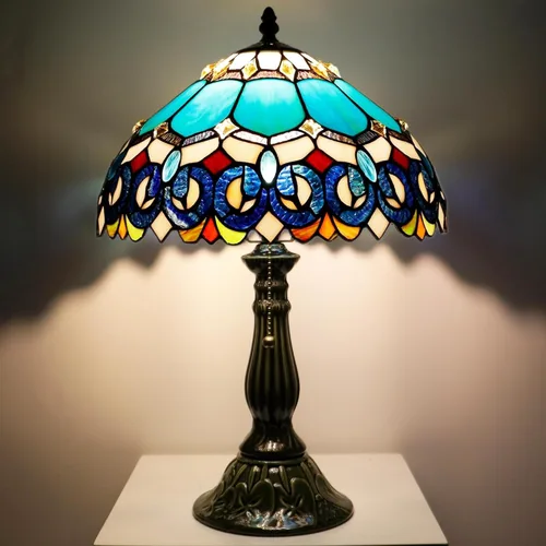 Miniatura 2 de Tiffany Lamp Stained Glass Table Lamps Blue Jewelry Baroque Style Desk Lamp 12X12X18.5 Inch Bronze Ceramic Base Reading Light Suitable for Bedside