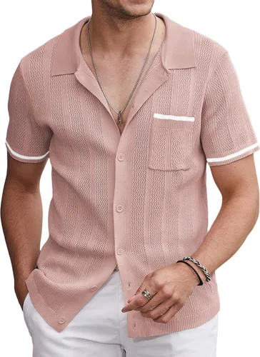 COOFANDY Camisas de punto de manga corta para hombre, estilo vintage, con botones, estilo casual, para la playa