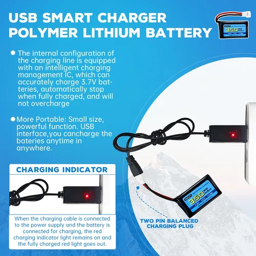 Miniatura 4 de 2 baterías Lipo de 3.7 V 350 mAh 1S con enchufe Molex y USB para Syma X11C WLToys V911S RC Drone, XK A150 BF-109 FX651 FX621 Z60 Jet F-16 F-22 F-35