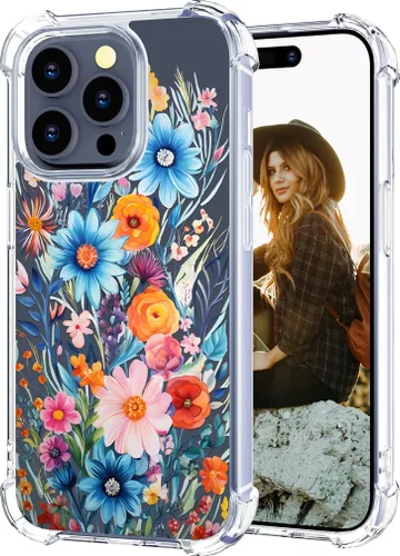 Miniatura 60 de Hungo Funda compatible con iPhone 15 Plus para mujer, diseño floral transparente, lindo, flor azul rosa Rosas Azules