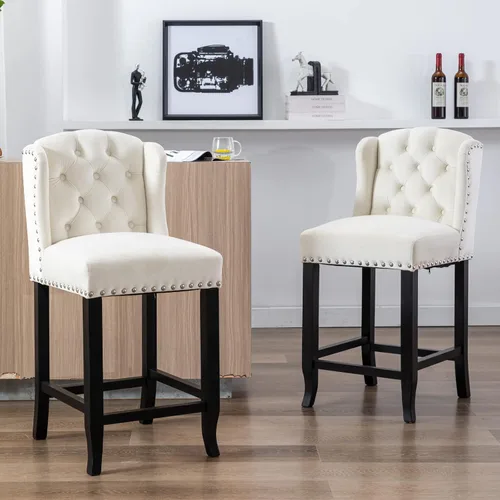 LukeAlon Juego de 2 taburetes de bar clásicos de terciopelo de 30 pulgadas, sillas de bar altas con respaldo de alas con botones y patas de madera,