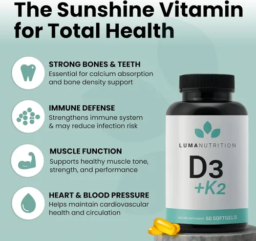 Miniatura 2 de Luma Nutrition Vitamina D3 + K2 10000 UI - Suplemento para la salud ósea y cardíaca - Apoyo inmunológico de máxima fuerza y absorción de calcio - 60