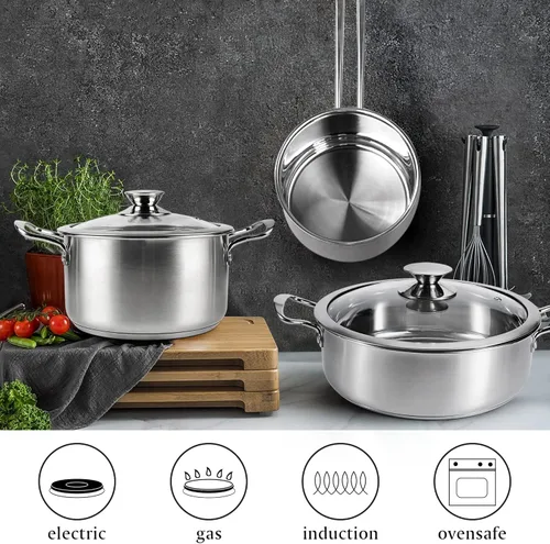 Miniatura 6 de Juego de ollas y sartenes de acero inoxidable, juego de 6 piezas de utensilios de cocina de inducción con tapas de vidrio, funciona con cocinas
