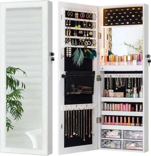 Miniatura 15 de LUXFURNI Espejo con luces LED, armario de joyería montado en la pared o para colgar en la puerta, espejo de longitud completa de 42 pulgadas