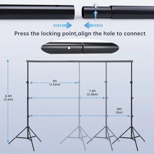 Miniatura 5 de BEIYANG Kit de soporte de fondo de fotos de 8.5 x 10 pies, kit de sistema de soporte de fondo ajustable con bolsa de transporte, para fotografía