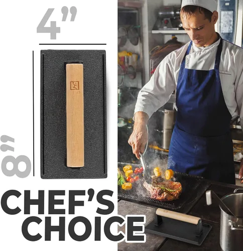 Miniatura 2 de Prensa para parrilla de hierro fundido (juego de 2) – Prensa de plancha de 2.6 libras con mango de madera de tacto frío – Pre-sazonada para carnes