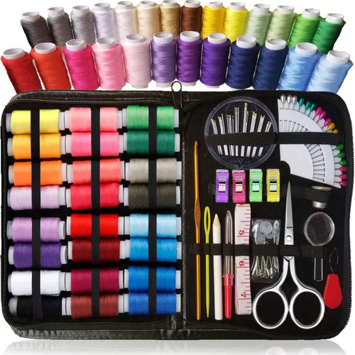 ARTIKA Kit de costura para adultos y niños (94 PIEZAS) - Juego pequeño para principiantes con hilo multicolor, agujas, tijeras, dedal y pinzas -