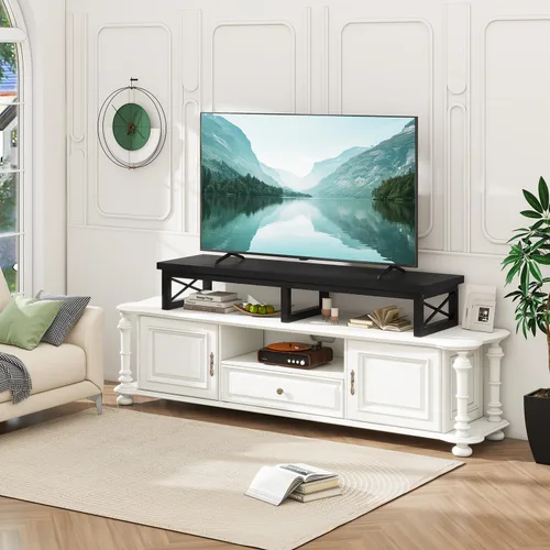 Miniatura 2 de IBUYKE Elevador de TV grande de 45" para TV de 32-60 pulgadas, Soporte de TV corto de sobremesa con almacenamiento y patas de acero, Escritorio