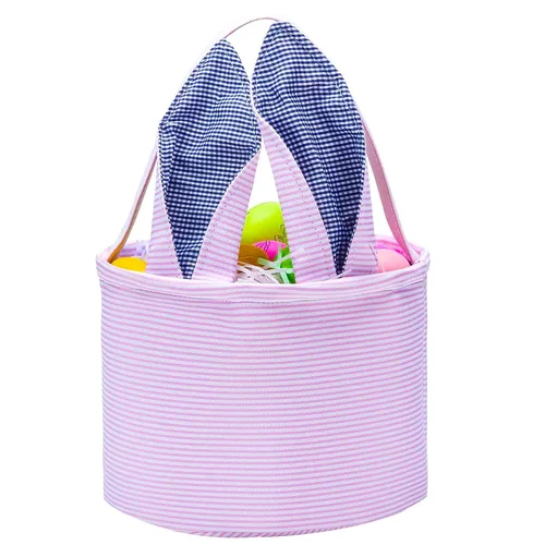 Miniatura 16 de Cesta de Pascua de sirsaca para niños con lindas orejas de conejo a rayas, regalos de almacenamiento de caramelos, regalos personalizados
