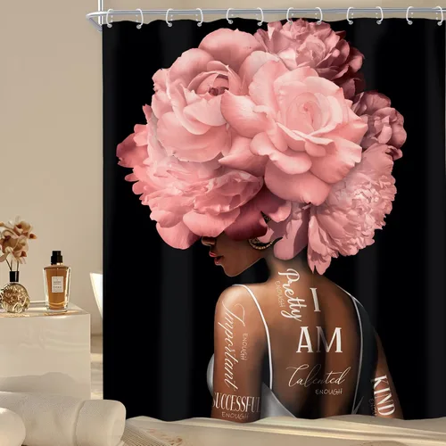 Riyidecor Cortina de ducha afroamericana de 60 pulgadas de ancho x 72 pulgadas de alto, cortinas de ducha para niña y mujer, diseño floral de