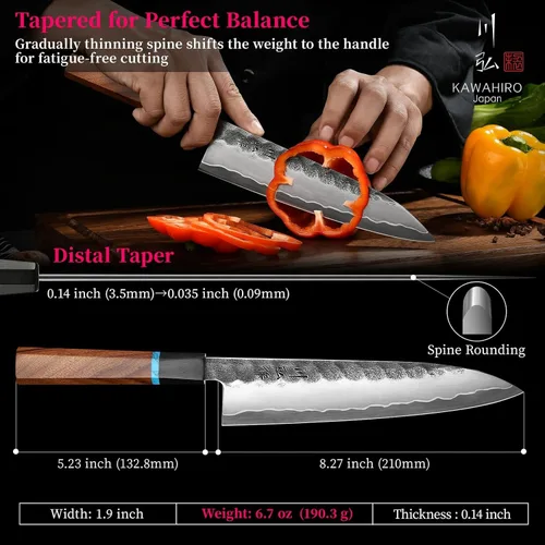 Miniatura 3 de Cuchillo de chef japonés KAWAHIRO, cuchillo de cocina forjado negro de 210mm VG10, cuchillo de chef profesional hecho a mano con mango ergonómico