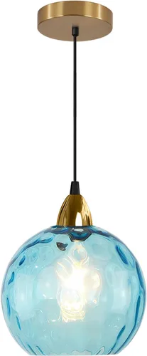 BOKT Moderna Lámpara Colgante de Vidrio Azul Accesorio de Luz Latón Cepillado Dorado Globo Iluminación Colgante 1 Luz Bola Grande Redonda Lámpara