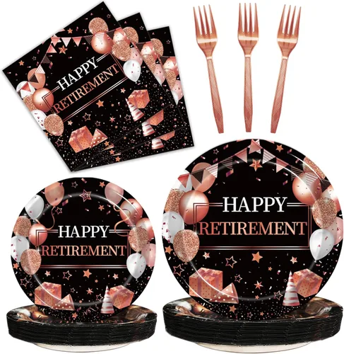 Kepeel Juego de 96 platos y servilletas para fiesta de jubilación, color oro rosa, suministros para fiesta de jubilación, decoraciones para mujeres,