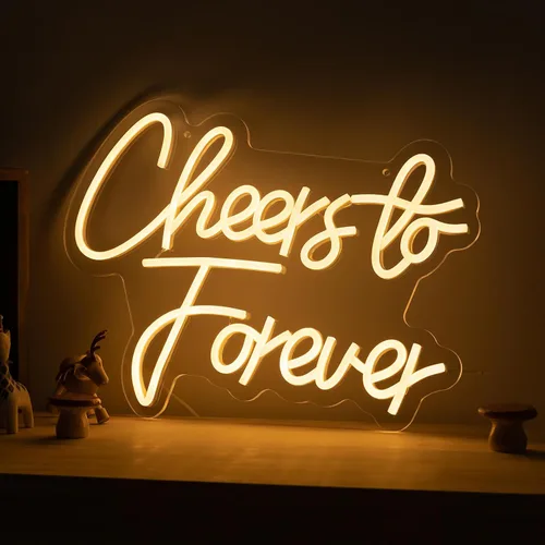 Letrero de neón con texto en inglés "Cheers to Forever" (Cheers to Forever) con texto en inglés "Cheers to Forever" (Cheers to Forever), luz de neón