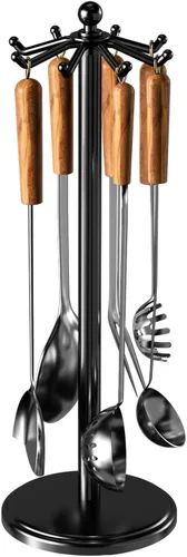 Soporte giratorio de acero inoxidable para utensilios de cocina con 8 ganchos giratorios, organizador colgante para cuchara, espátula, color negro