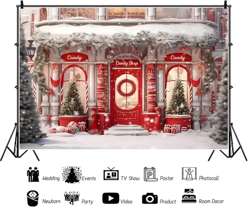 Miniatura 6 de Telón de fondo rojo de 5 x 3 pies para fotos de tienda de Navidad, pancarta de casa de jengibre de Navidad, fondo de Papá Noel, decoración