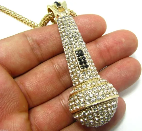 Miniatura 5 de Colgante de micrófono con acabado de oro helado con dije de micrófono con cadena Franco de 36 pulgadas Hip Hop, Metal