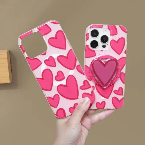 Miniatura 5 de Funda para iPhone 16 Pro Max, corazón rosa con agarre redondo para teléfono, compatible con soporte MagSafe para niñas y mujeres, funda protectora