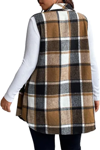 Miniatura 2 de Mina self Chaleco a cuadros para mujer, largo a la moda, casual, sin mangas, con botones y parte delantera abierta, con bolsillos