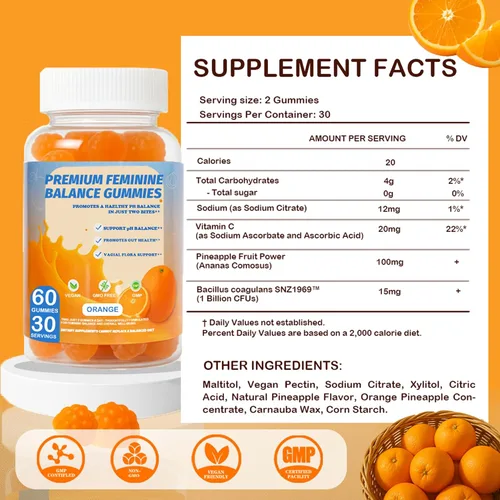Miniatura 6 de DEWANG Gomitas de equilibrio femenino, equilibrio diario del pH y apoyo a la salud vaginal, probióticos para mujeres, olor y confianza, sabor a