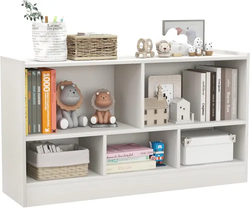Miniatura 9 de MEDIMALL Organizador de almacenamiento de juguetes para niños de 5 cubos, estante de almacenamiento de madera de 2 niveles para libros y juguetes