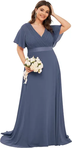 Miniatura 101 de Ever-Pretty Vestido formal para mujer, Navidad, Año Nuevo, cuello en V, gasa, talla grande, largo hasta el suelo, vestido de dama de honor