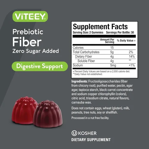 Miniatura 4 de VITEEY Gomitas de fibra prebiótica para adultos, 0.14 oz - Gomitas de suplemento de fibra soluble digestiva y salud intestinal - Cero azúcar